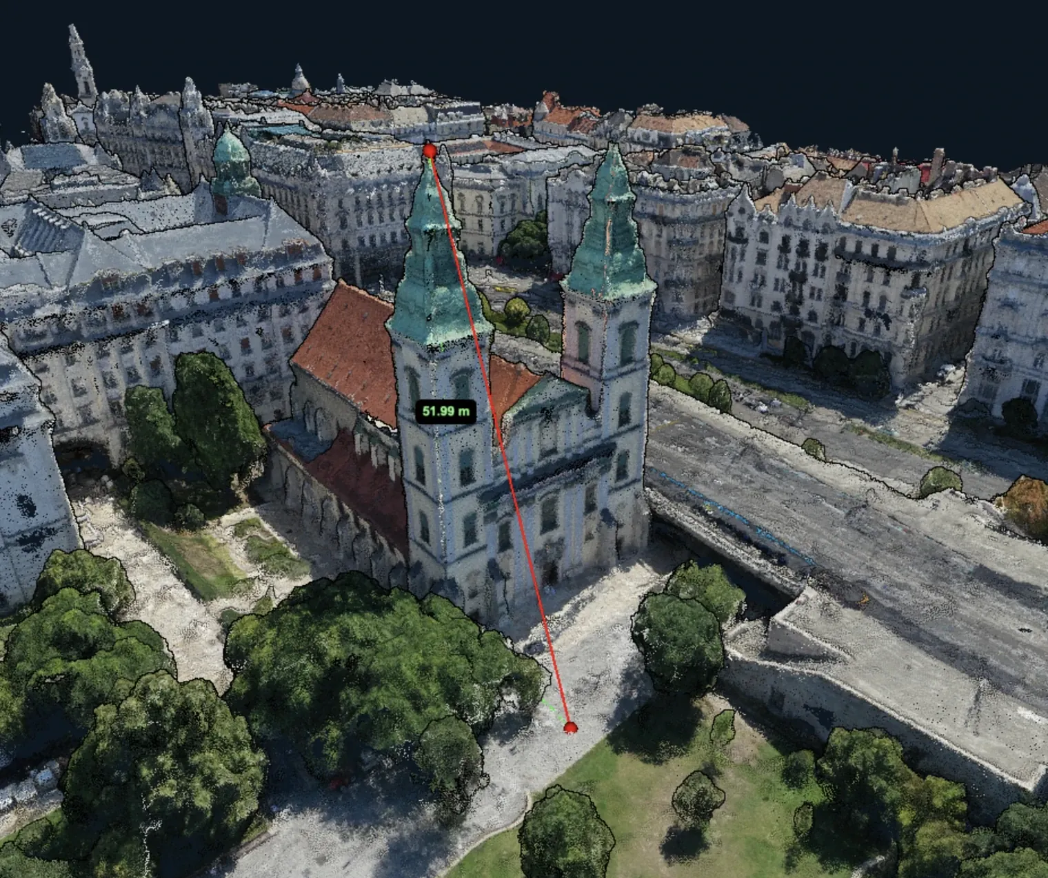 Height measurement of a church tower in the 3D point cloud, labelled 51.99 metres