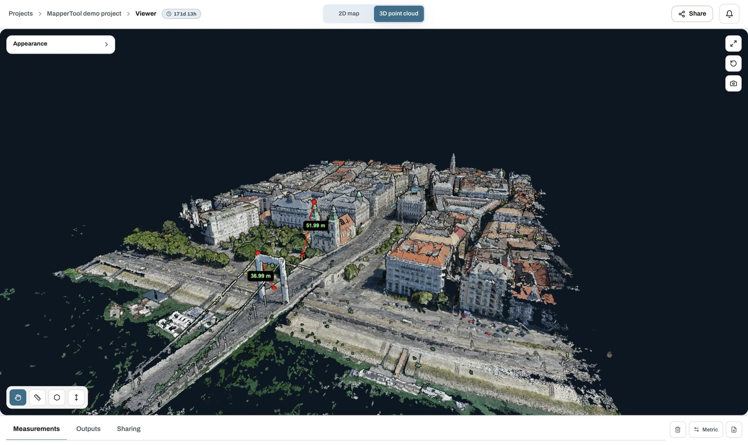 3D point cloud of a city district in the MapperTool browser viewer