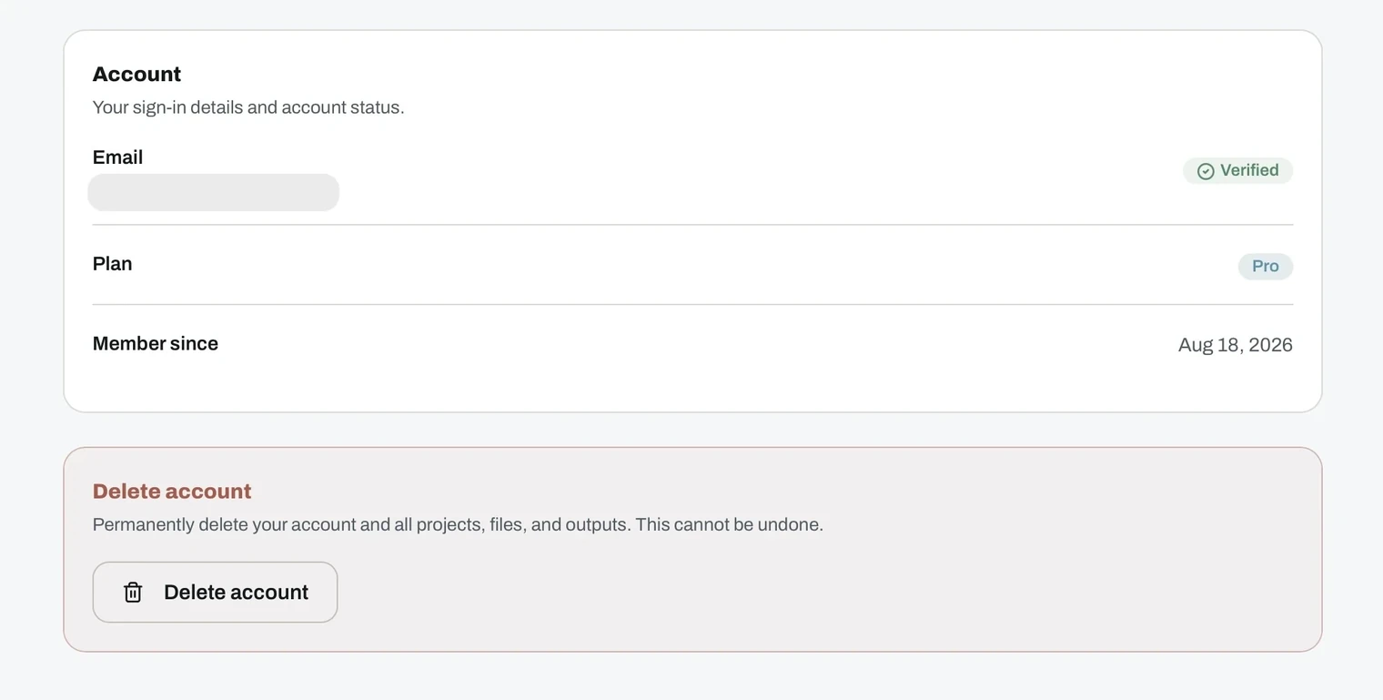 Account section with the verified email badge, plan and member since date, and the delete account panel below