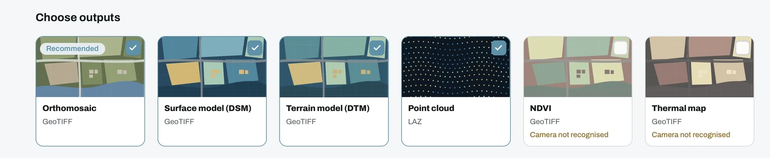 Output selection with orthomosaic, DSM, DTM, point cloud, NDVI and thermal cards