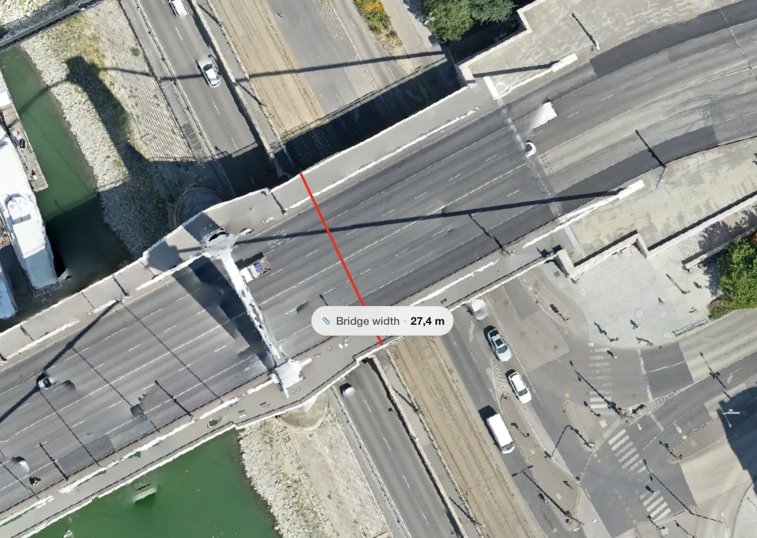 Distance measurement drawn across a bridge, labelled bridge width 27.4 metres