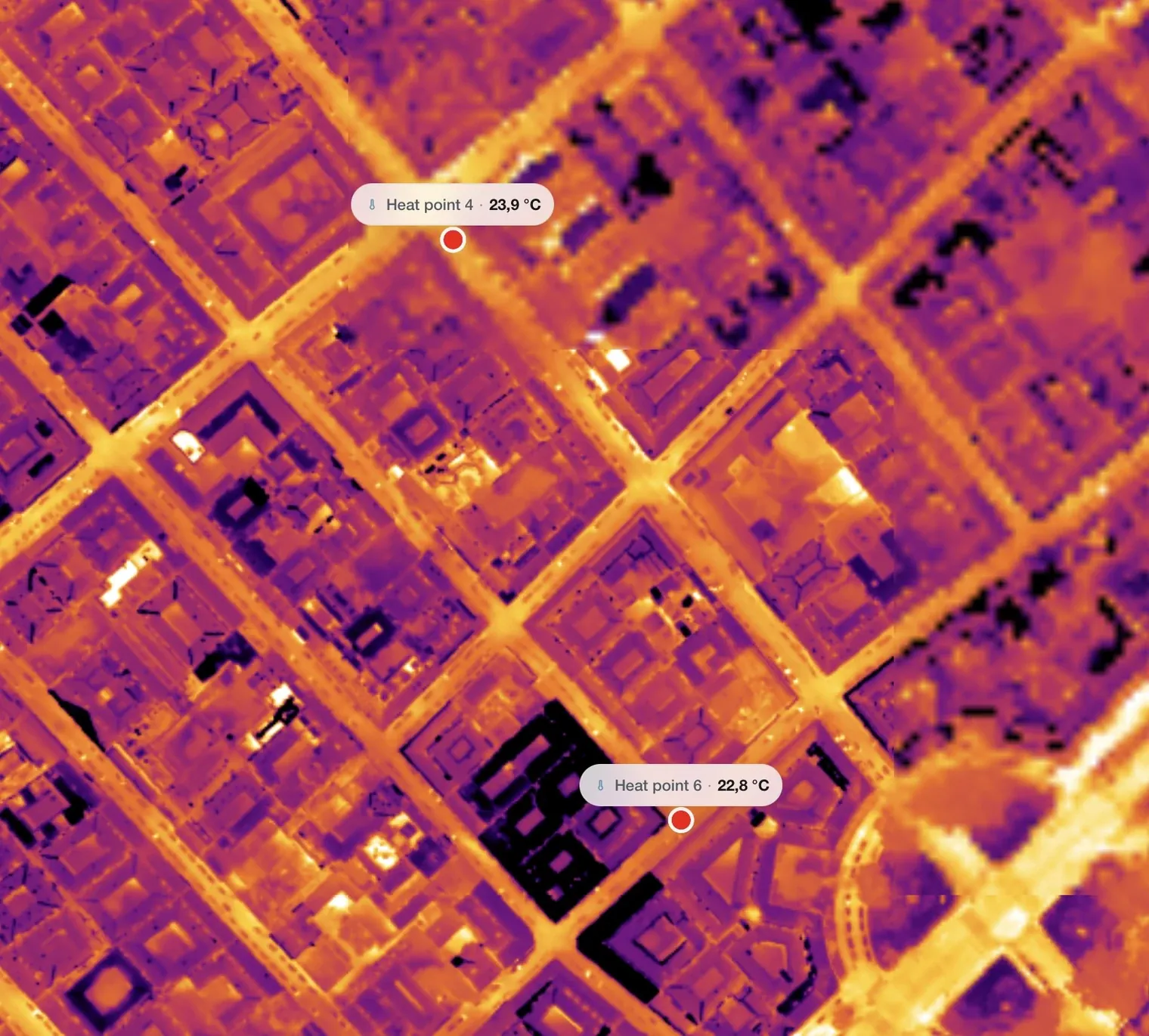 Several numbered heat points placed on a thermal orthomosaic