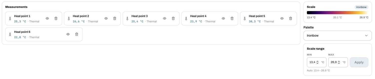 Heat point list with temperature readings, next to the thermal scale and scale range controls