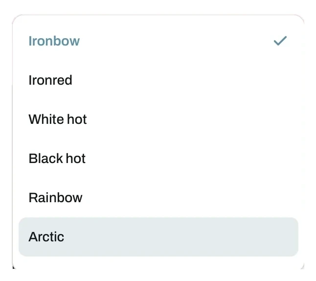 Thermal palette dropdown, scrolled to show Ironbow, Ironred, White hot, Black hot, Rainbow and Arctic
