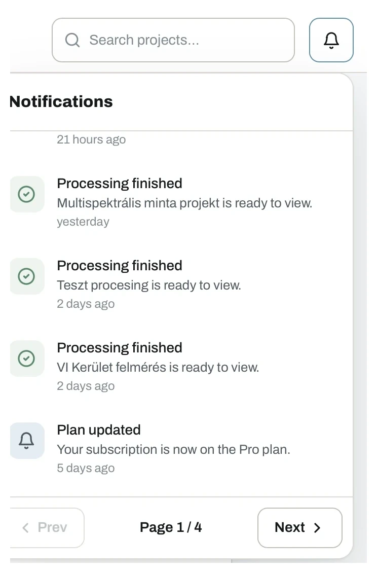 Notification panel listing processing finished and plan updated entries
