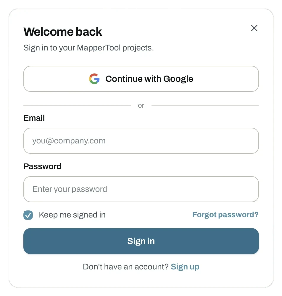 Sign in dialog with Google sign-in, email and password fields