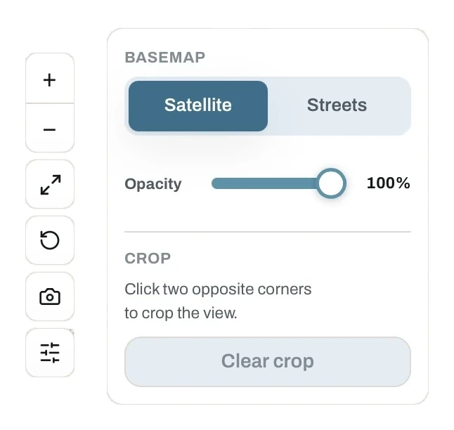 Map control stack with zoom, fit, reset, screenshot and settings, next to the open panel with basemap, opacity and crop