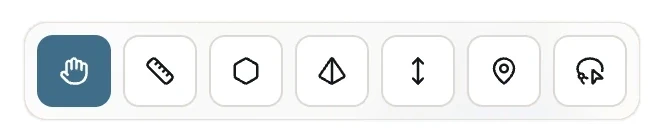 Measurement toolbar with pan, distance, area, volume, height, pin and lasso clip tools