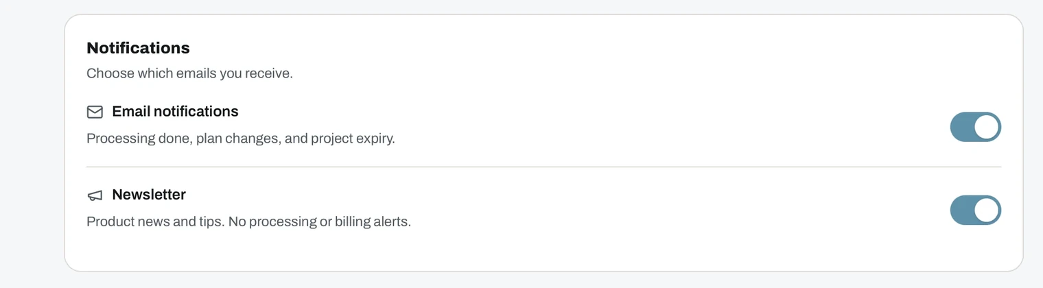 Notification settings with email notifications and newsletter toggles