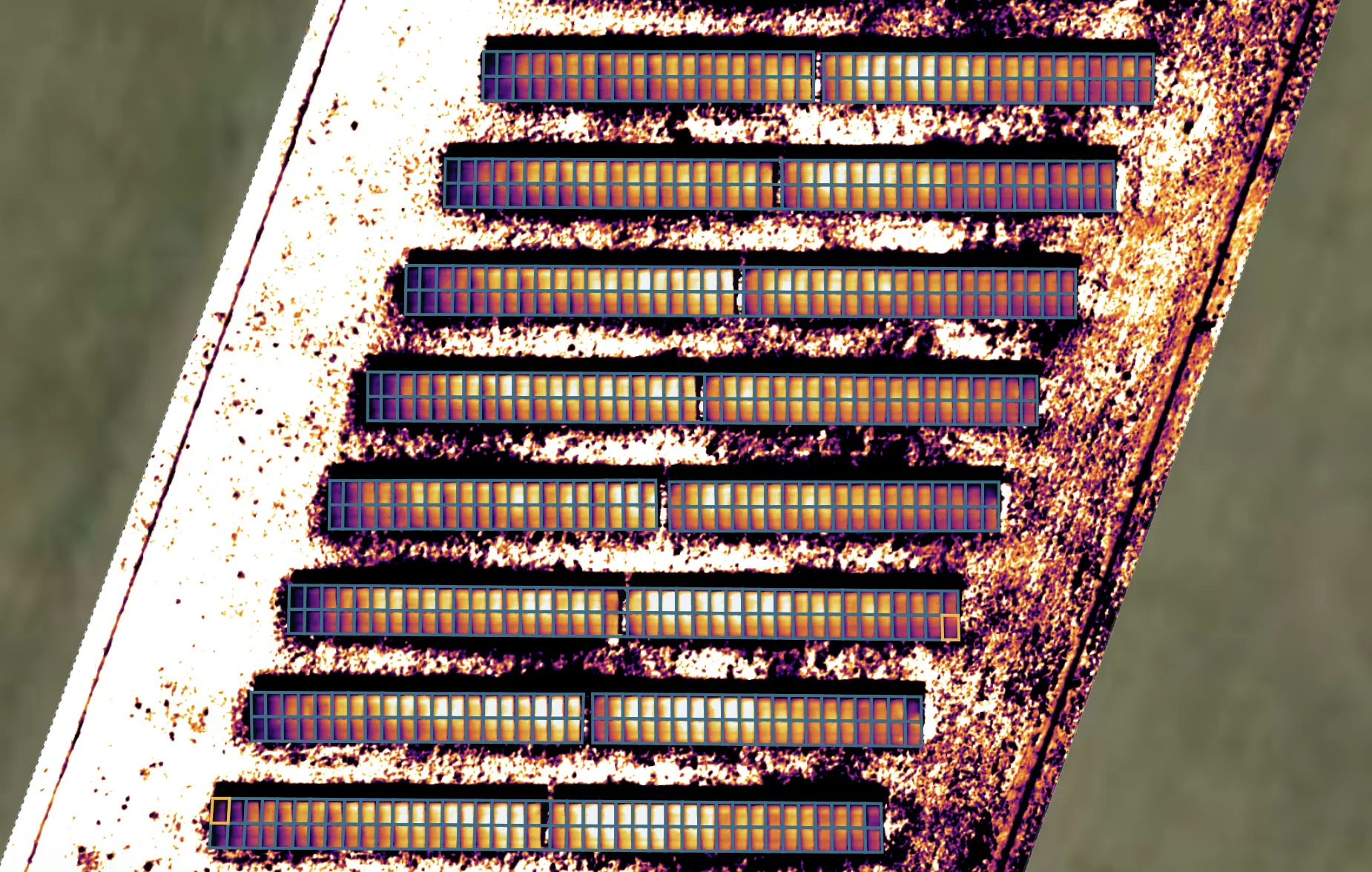 Detected photovoltaic panel outlines displayed on a radiometric thermal map