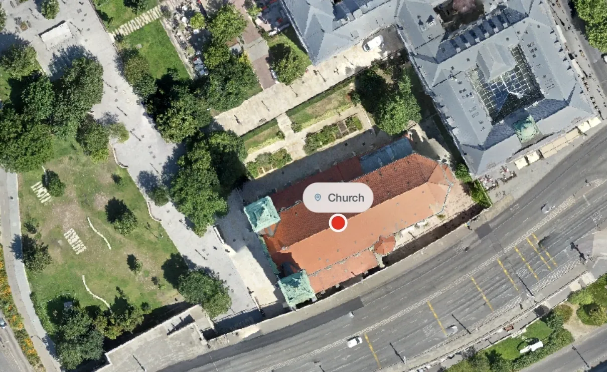 Pin point placed on a church roof and labelled Church