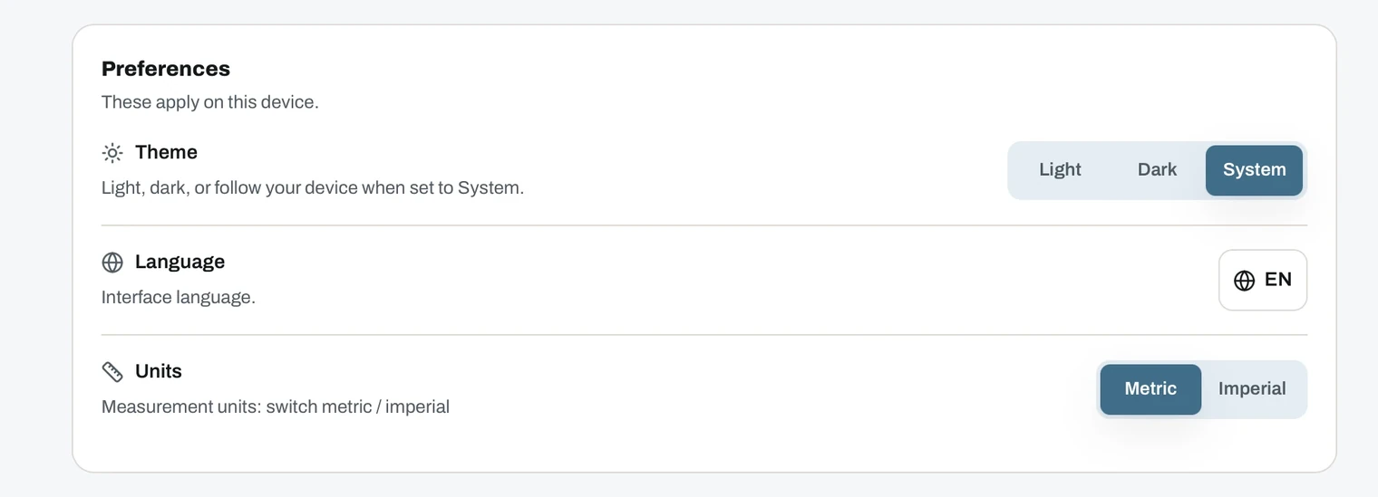 Preferences section with theme, language and units controls