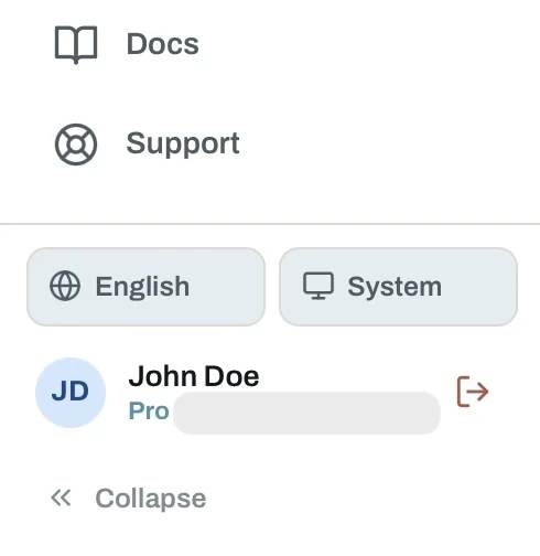 Sidebar footer with docs, support, language and theme shortcuts, and the user card with sign out