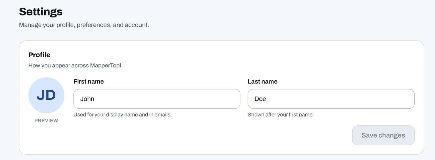 Settings profile section with the avatar upload, first name and last name fields