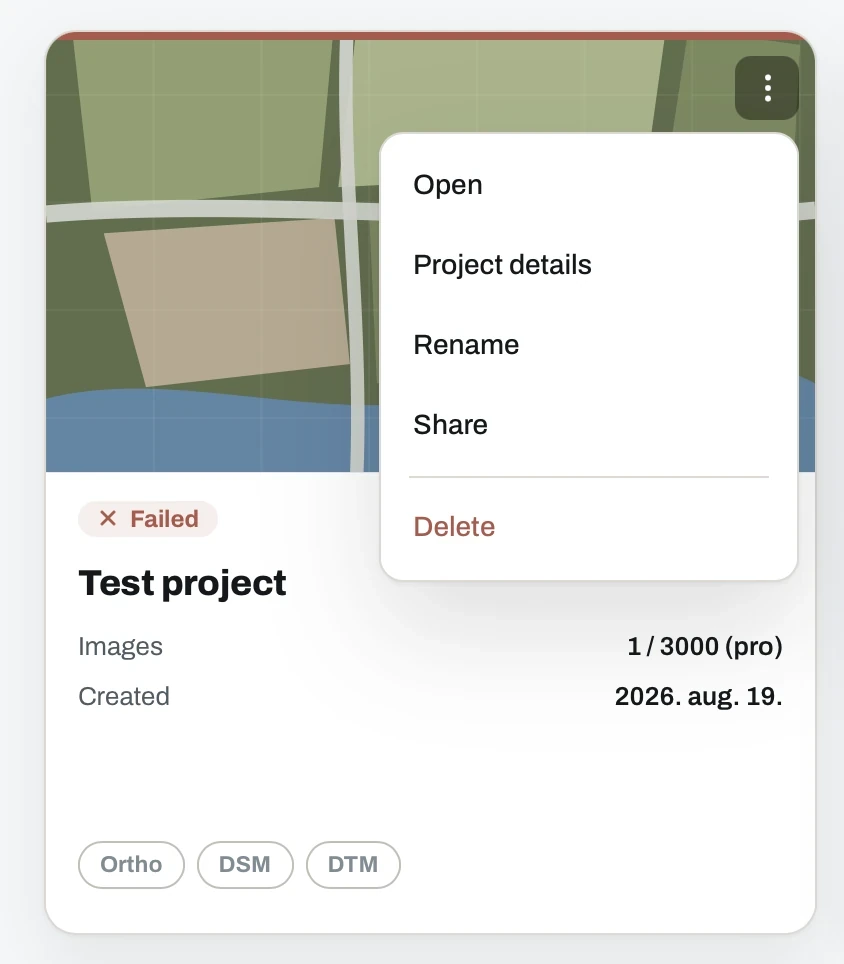 Project card actions menu with Open, Project details, Rename, Share and Delete
