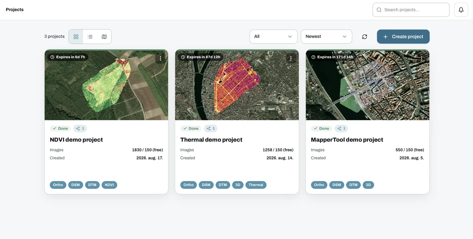 MapperTool dashboard in card view with three finished projects