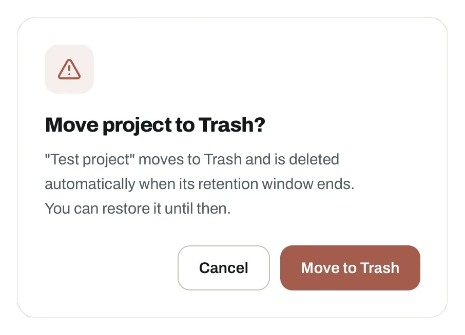 Confirmation dialog asking to move the project to Trash