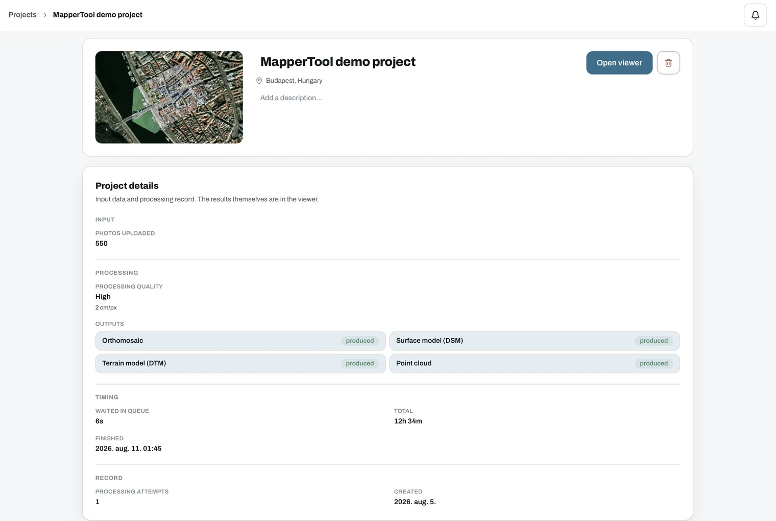Project details page with location, description, input data, processing quality, outputs, timing and record
