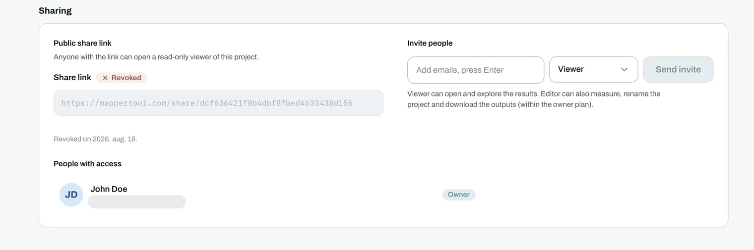 Sharing panel with a public share link, an invite field with a role selector, and the list of people with access