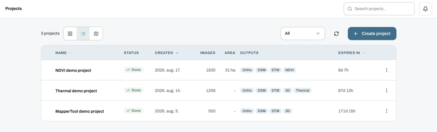 MapperTool dashboard in list view showing project columns