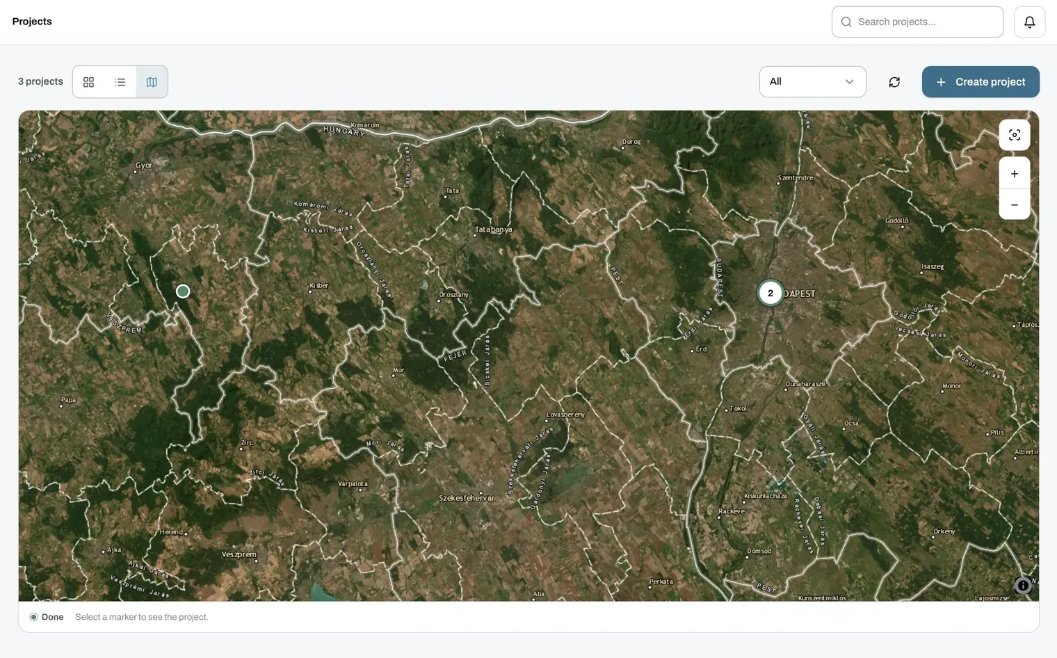 MapperTool dashboard in map view with project markers on a satellite basemap