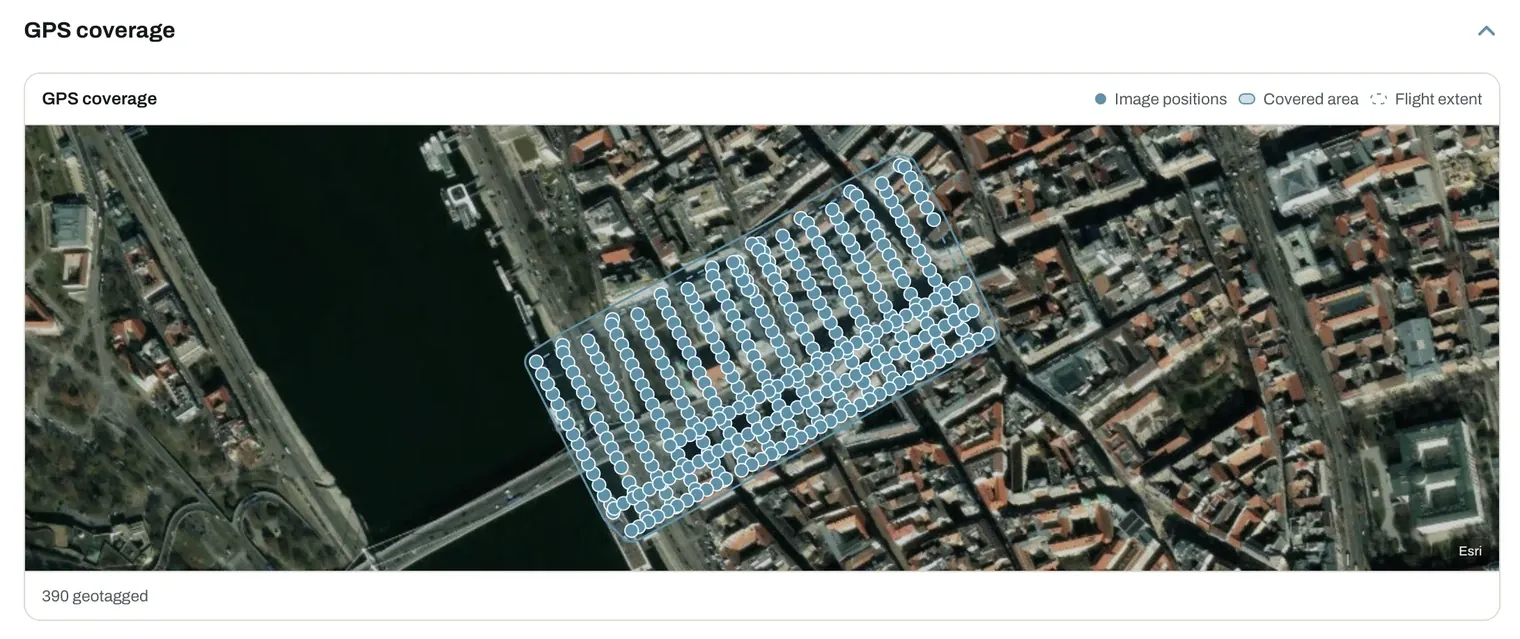 GPS coverage map showing image positions, covered area and flight extent over a satellite basemap