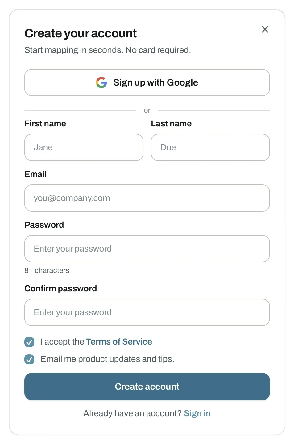 Create your account dialog with Google sign-up, name, email and password fields
