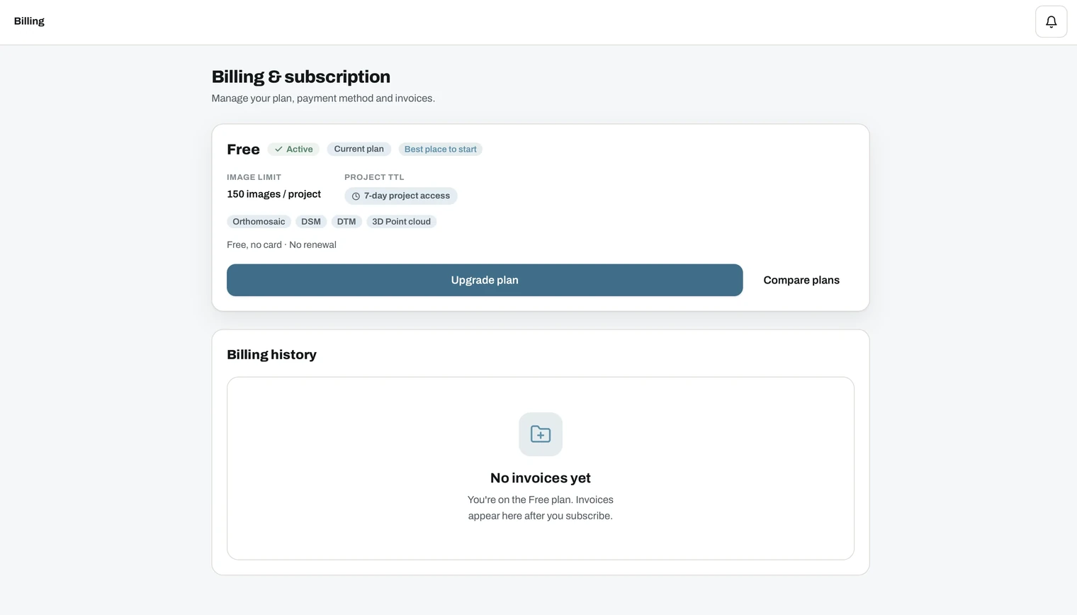 Billing and subscription screen showing the current plan, its limits, an upgrade button and the invoice history