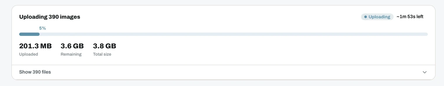 Upload progress showing uploaded size, remaining size, total size and time left