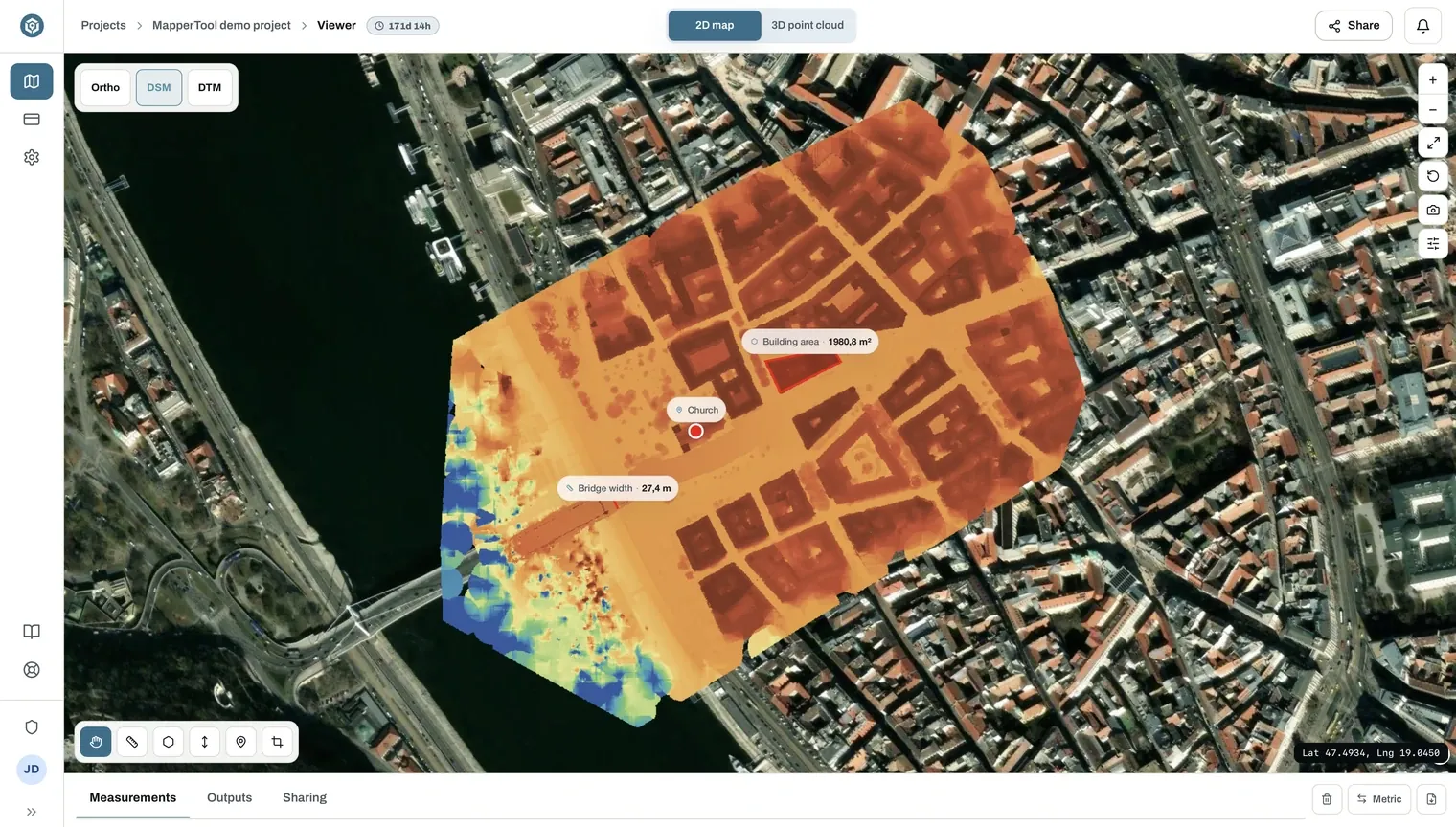 Digital surface model rendered with an elevation colour ramp in the MapperTool viewer
