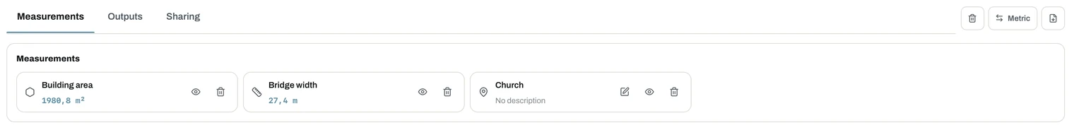 Measurements tab listing a building area, a bridge width and a named pin point