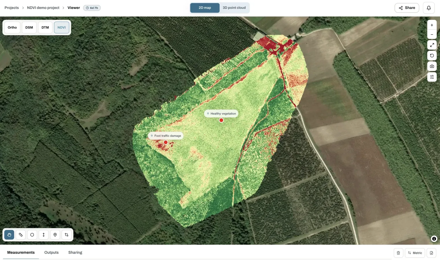 NDVI map of farmland rendered with a red to green index ramp in the MapperTool viewer