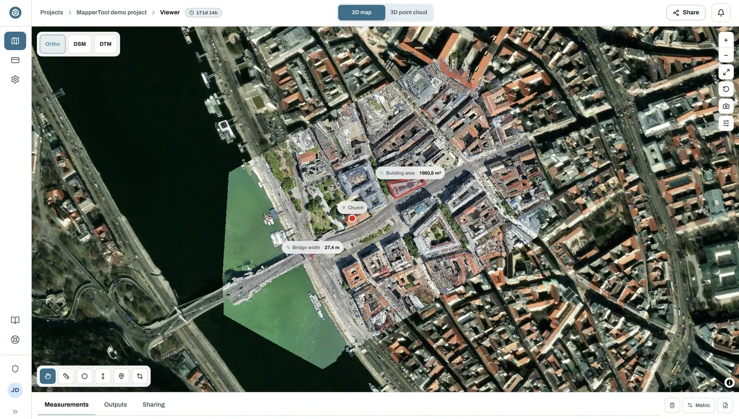 Orthomosaic of a city district open in the MapperTool viewer with measurements on it