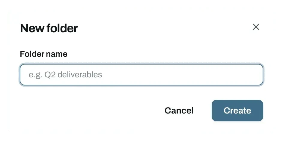 New folder dialog with a folder name field and a Create button