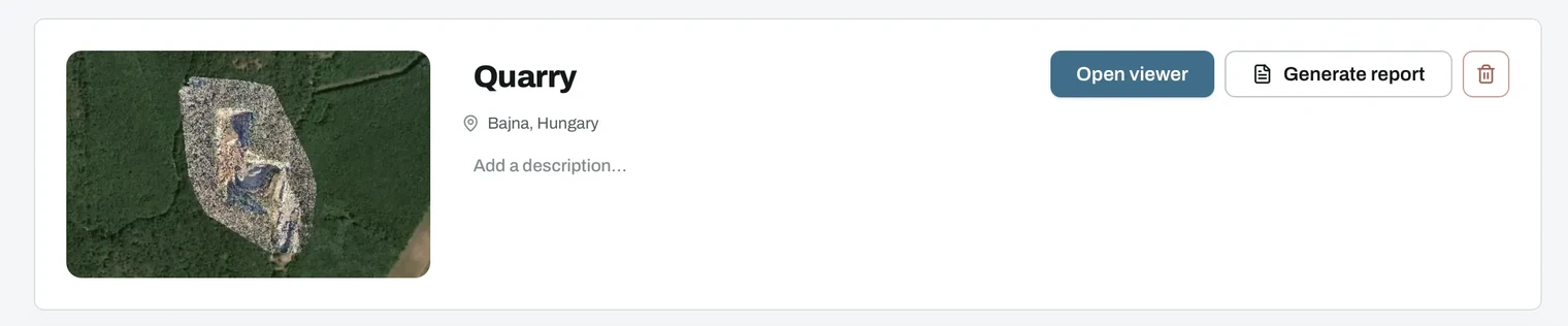 Project header with the project name, location and the Open viewer and Generate report buttons