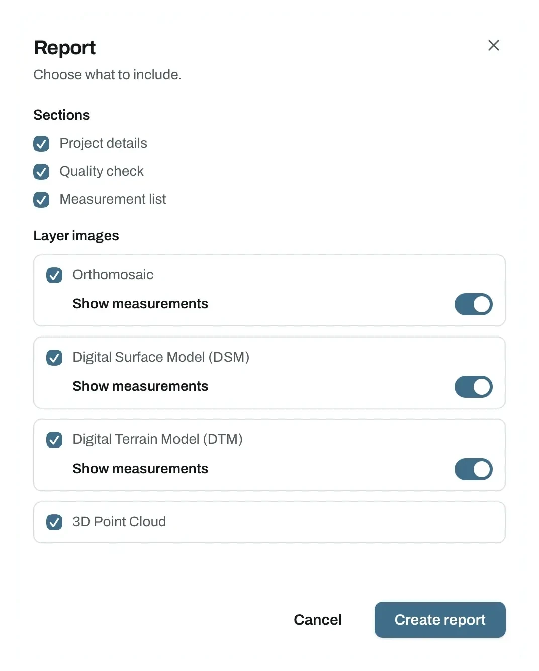 Report dialog with Project details, Quality check and Measurement list sections and a Show measurements toggle on each layer image